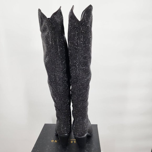 AZALEA WANG Nash Crystal Knee High Cowboy Boots Black NWT - Picture 7 of 13
